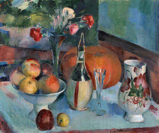 Henry Ottmann Nature morte aux fruits et a la fiasque de vin